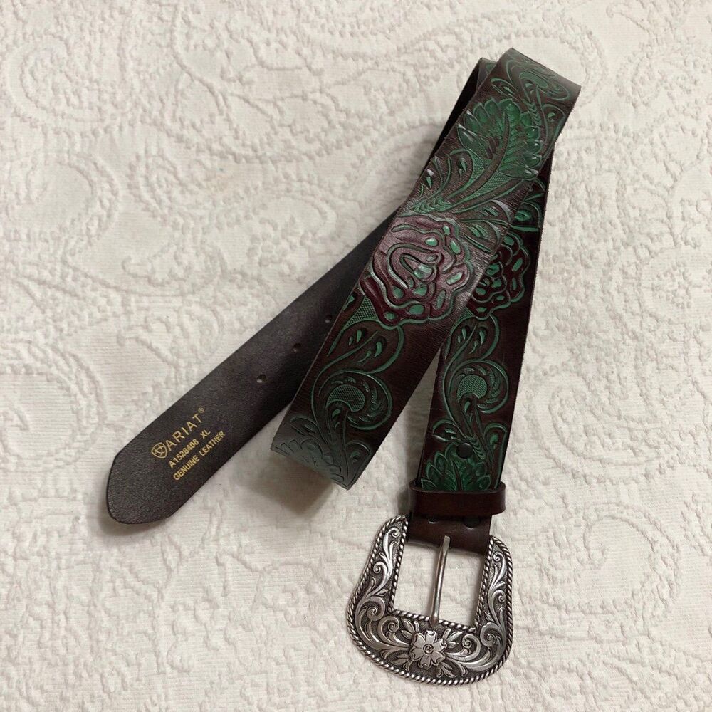 Ariat Western Belt Size XL Genuine Leather Brown/Turquoise/Silver Belt Buckle - Picture 3 of 7
